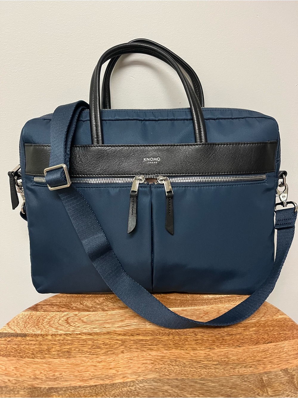 KNOMO London Hanover 14” Slim Briefcase in Navy Nylon w/Black Leather Trim